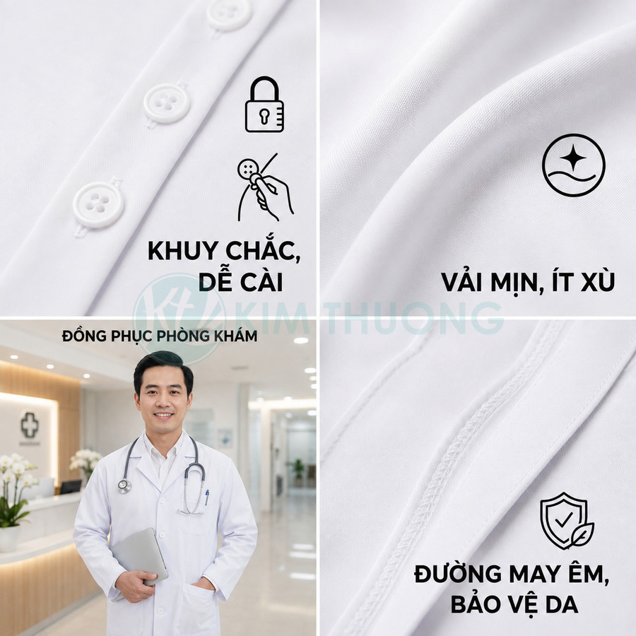 Áo blouse bác sĩ trắng đồng phục phòng khám, khuy chắc dễ cài, vải mịn ít xù, đường may êm bảo vệ da