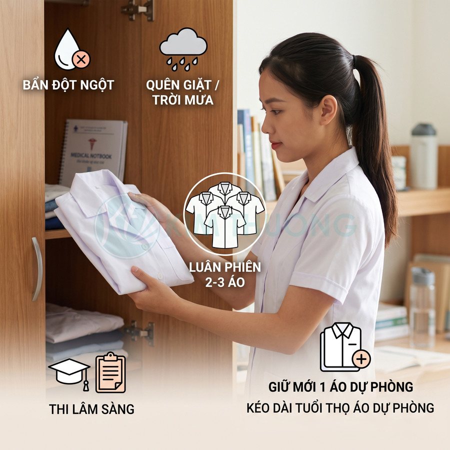 Nữ sinh y khoa xếp áo blouse trắng trong tủ gỗ, chuẩn bị nhiều áo blouse sạch để luân phiên sử dụng