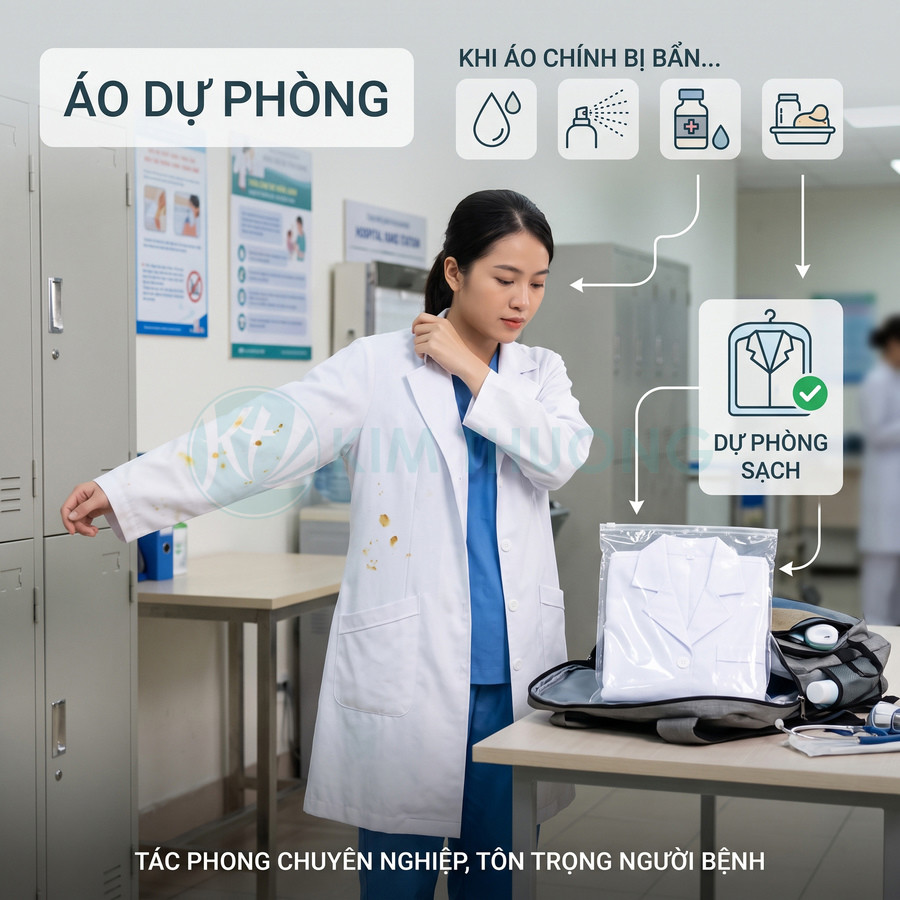Áo blouse bác sĩ bị dính bẩn và áo blouse dự phòng sạch được đóng gói trong túi nhựa trên bàn