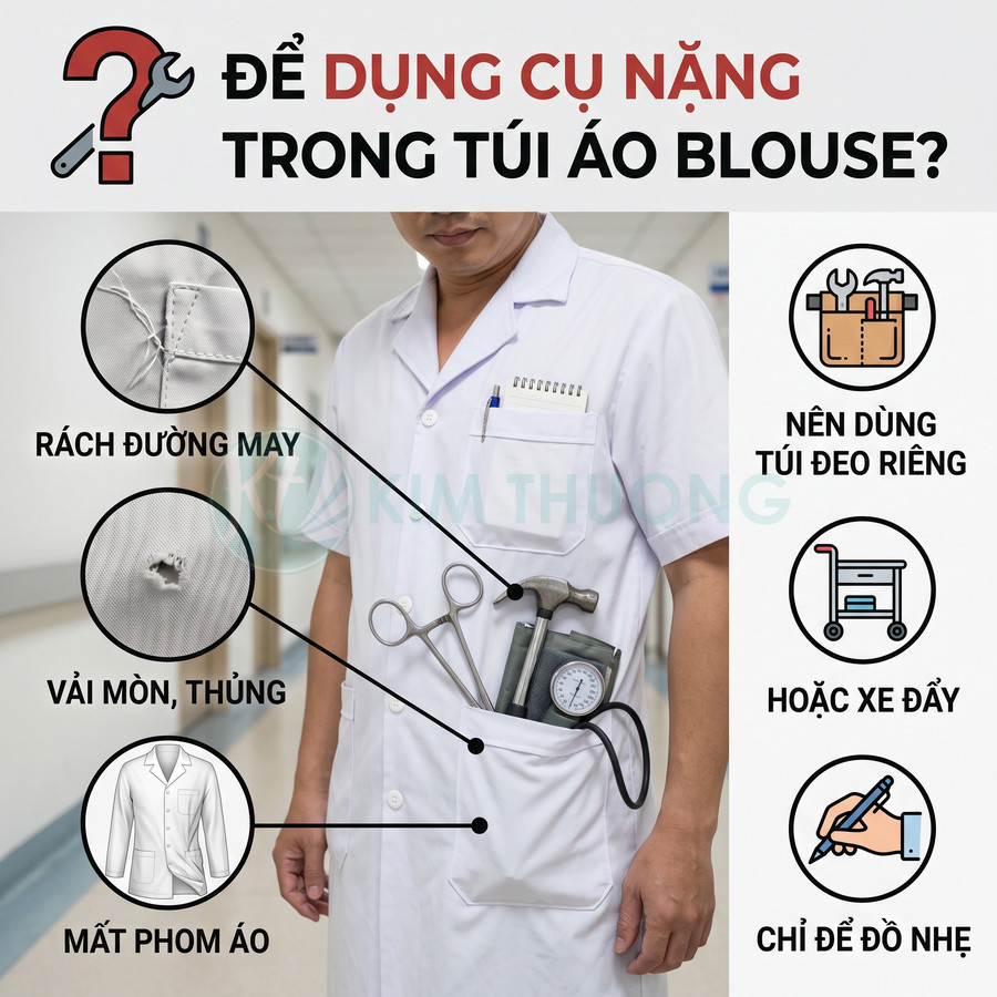 Áo blouse bác sĩ nhét nhiều dụng cụ nặng trong túi gây rách đường may và vải, khuyến cáo dùng túi đeo hoặc xe đẩy