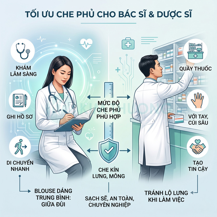 Áo blouse trắng dáng trung bình cho bác sĩ dược sĩ che kín lưng mông, sạch sẽ chuyên nghiệp khi khám và đứng quầy thuốc
