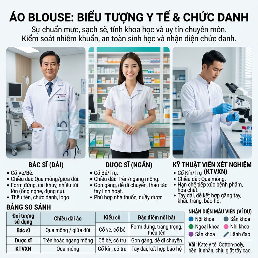 Áo blouse y tế cho bác sĩ, dược sĩ và kỹ thuật viên xét nghiệm với các kiểu dáng dài ngắn khác nhau