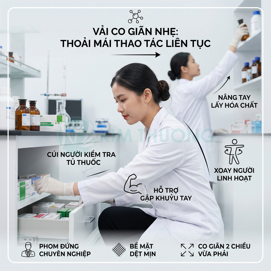 Áo blouse phòng thí nghiệm vải co giãn nhẹ cho dược sĩ thao tác linh hoạt, phom đứng chuyên nghiệp