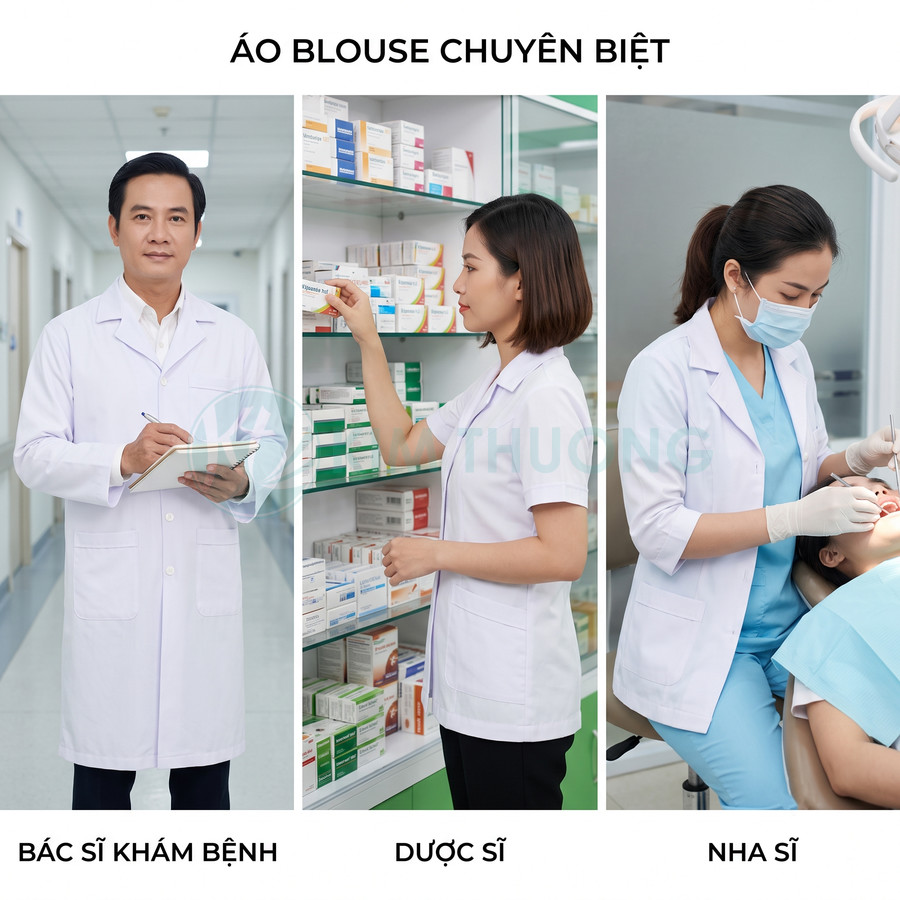 Áo blouse trắng chuyên biệt cho bác sĩ khám bệnh, dược sĩ và nha sĩ trong môi trường y tế