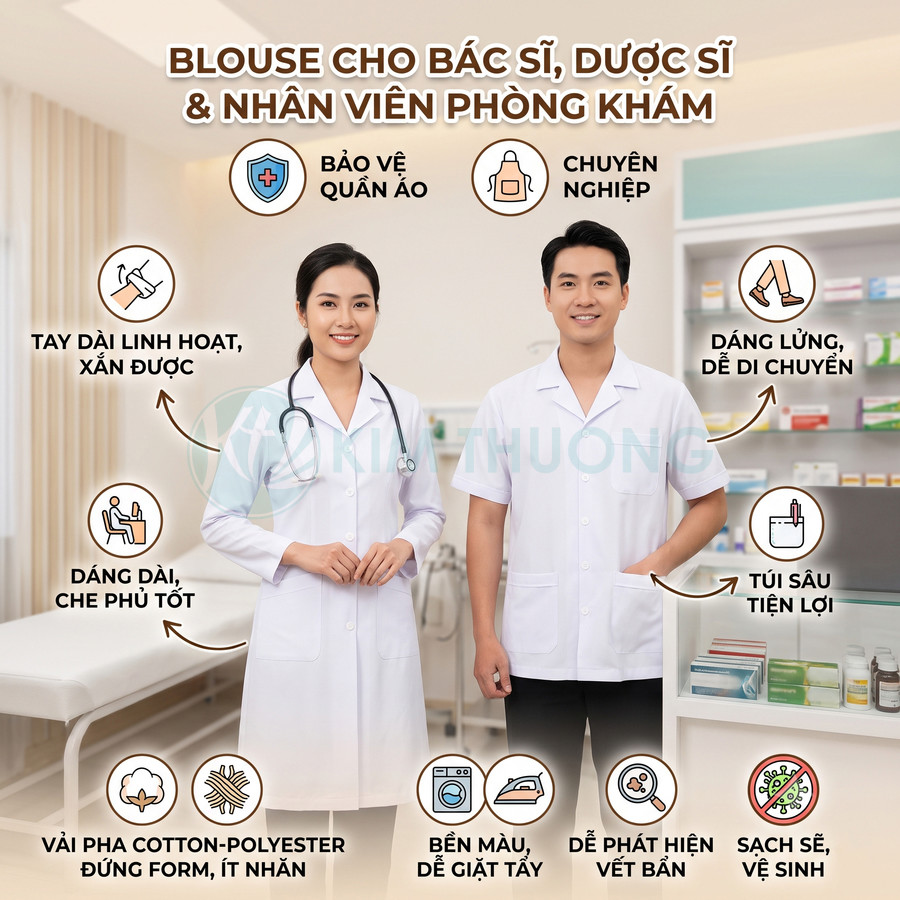 Áo blouse trắng cho bác sĩ và nhân viên y tế, tay dài và tay ngắn, chất liệu cotton polyester đứng form