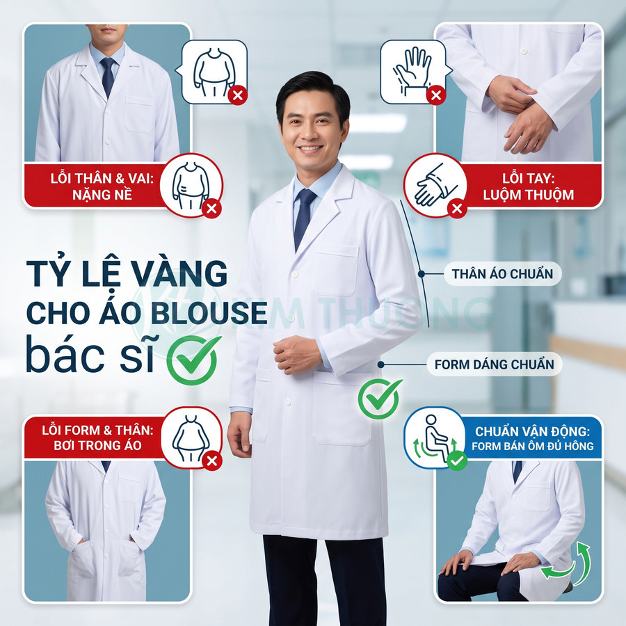 Áo blouse bác sĩ trắng form dáng chuẩn, thân áo vừa vặn, tay gọn gàng, dễ vận động trong bệnh viện