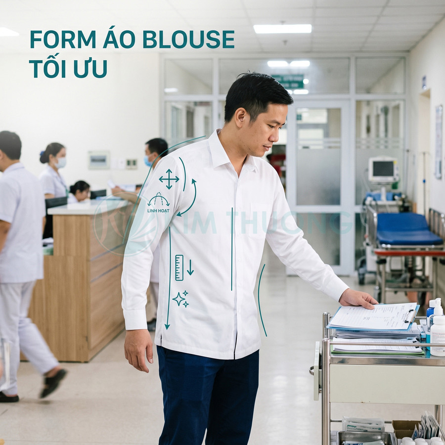 Bác sĩ nam mặc áo blouse trắng form tối ưu đang làm việc trong bệnh viện