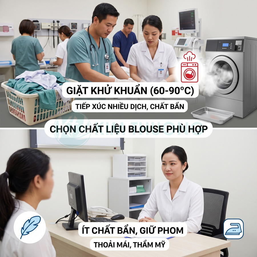 Bác sĩ mặc áo blouse trắng tư vấn bệnh nhân và hướng dẫn giặt khử khuẩn đồng phục y tế bằng máy giặt