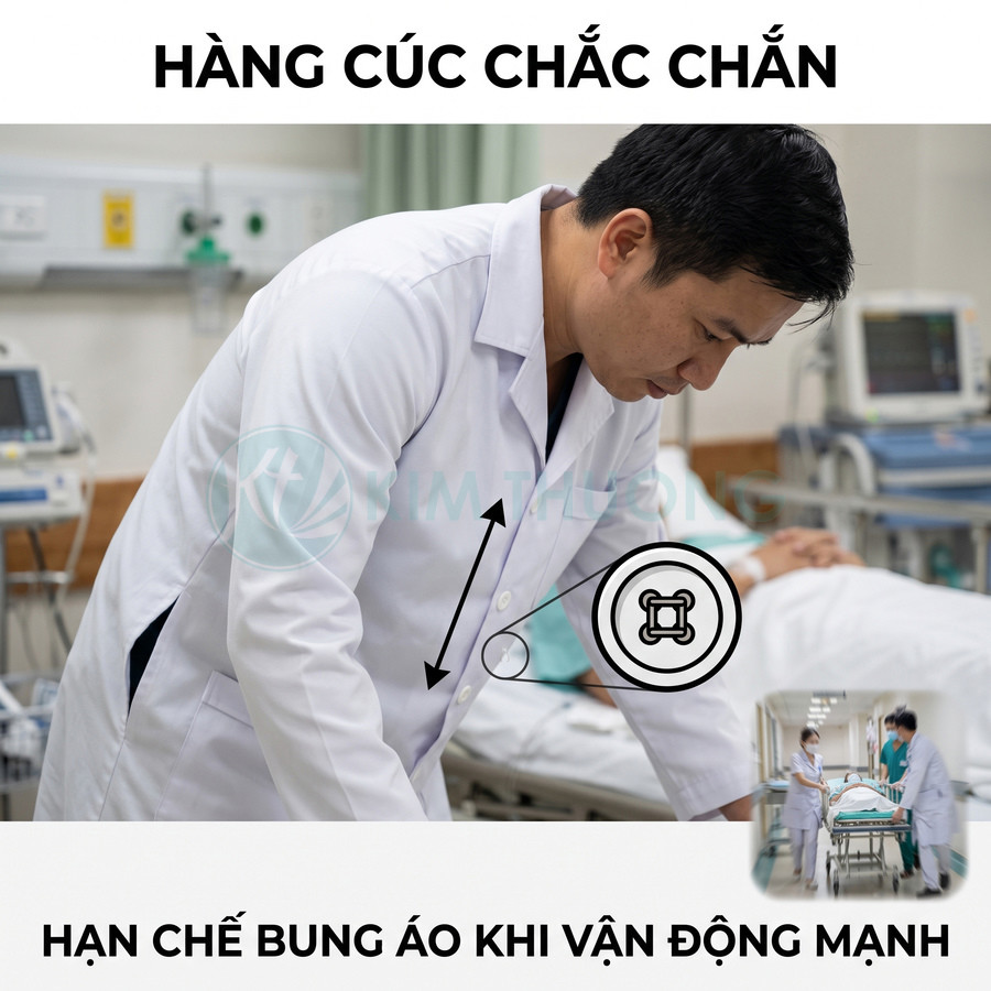 Áo blouse bác sĩ cúc chắc chắn hạn chế bung khi vận động mạnh trong phòng cấp cứu