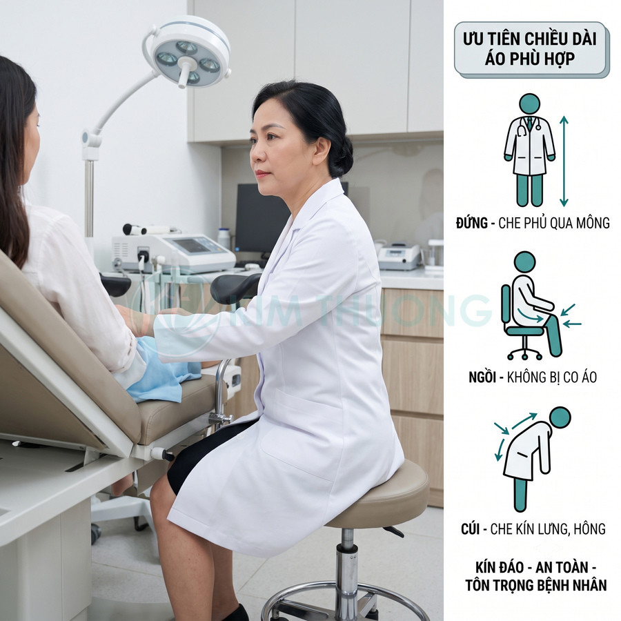 Áo blouse bác sĩ nữ dài tay màu trắng khi khám bệnh, che phủ kín đáo khi đứng ngồi cúi trong phòng khám