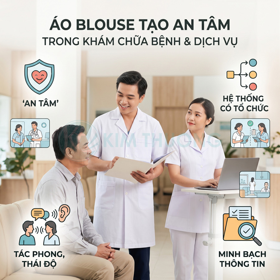 Bác sĩ và y tá mặc áo blouse trắng tư vấn cho bệnh nhân tại phòng khám hiện đại