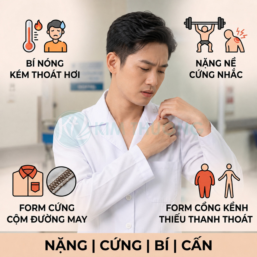 Bác sĩ nam khó chịu vì áo blouse y tế dày nặng, form cứng, bí nóng và kém thoát hơi