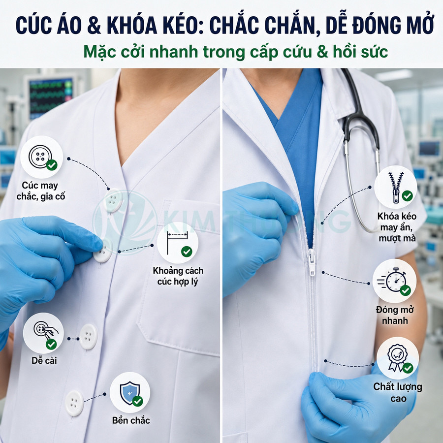 Áo blouse bác sĩ cài cúc và khóa kéo, chất liệu bền chắc, dễ mặc cởi nhanh trong cấp cứu và hồi sức