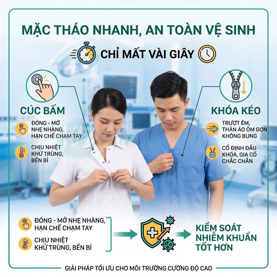 Đồng phục y tế cúc bấm và khóa kéo, bác sĩ nam nữ mặc thử, nhấn mạnh mặc tháo nhanh và kiểm soát nhiễm khuẩn