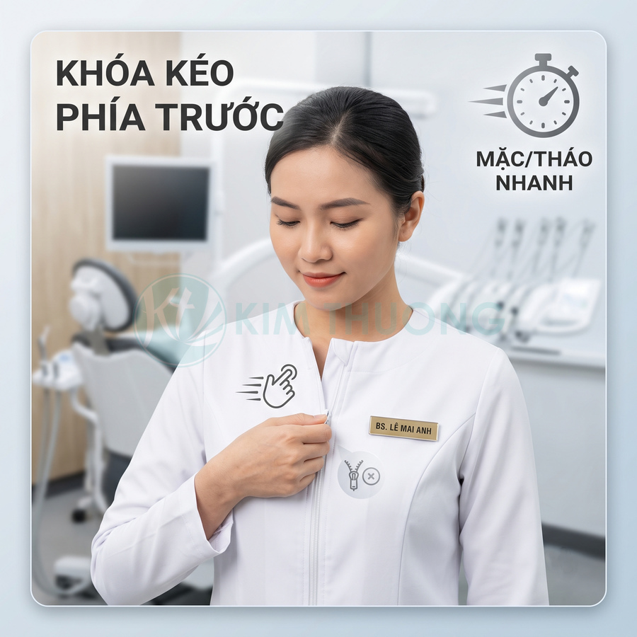 Áo blouse bác sĩ khóa kéo phía trước màu trắng, dễ mặc tháo, phù hợp nhân viên y tế trong phòng khám