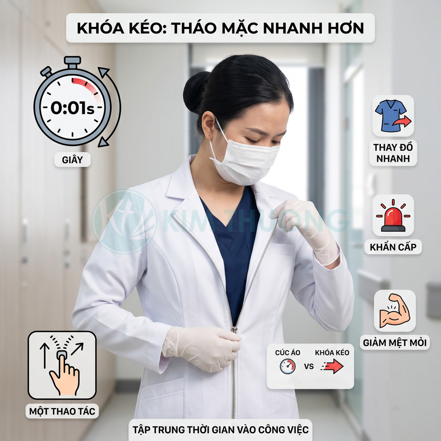 Bác sĩ mặc áo blouse khóa kéo Kim Thương màu trắng, dễ dàng kéo khóa để thay áo nhanh trong môi trường y tế