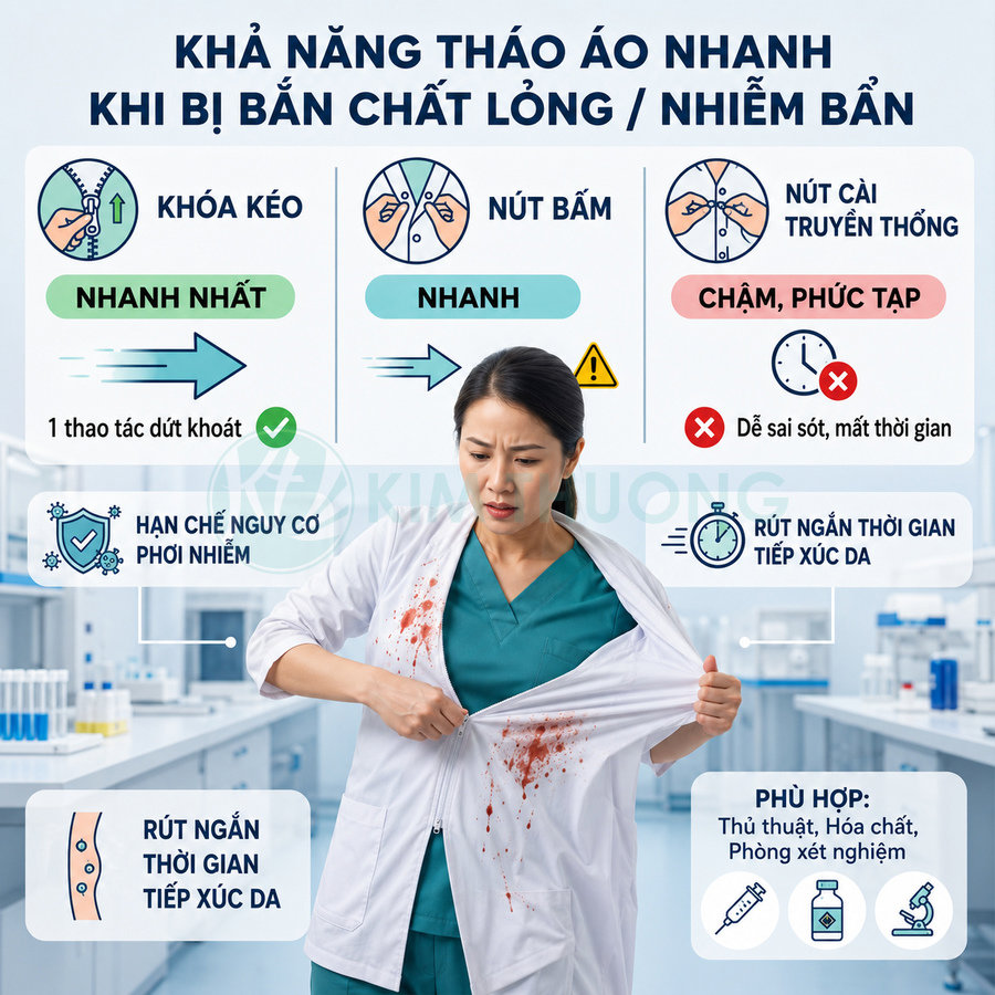 Áo blouse khóa kéo cho nhân viên y tế giúp cởi nhanh khi dính chất lỏng, hạn chế nguy cơ phơi nhiễm trong phòng thí nghiệm