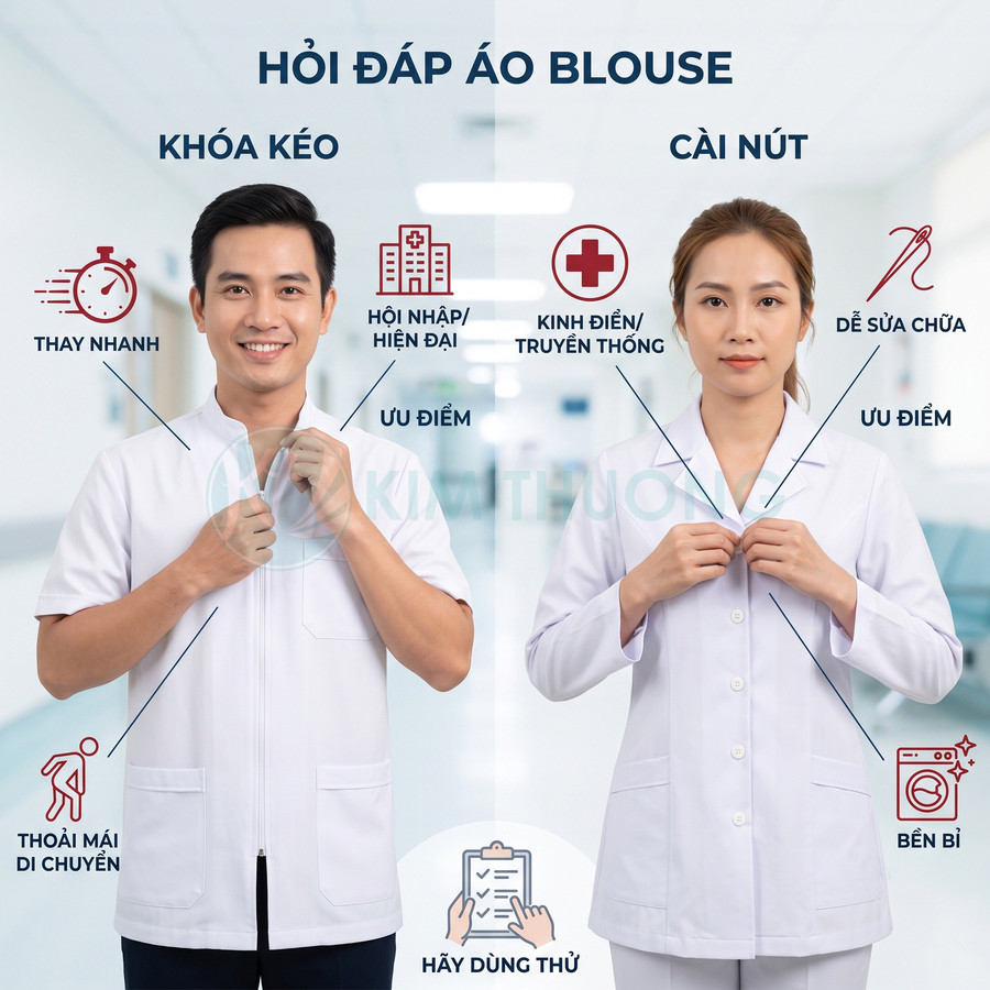 So sánh áo blouse bác sĩ khóa kéo và áo blouse cài nút màu trắng trong bệnh viện