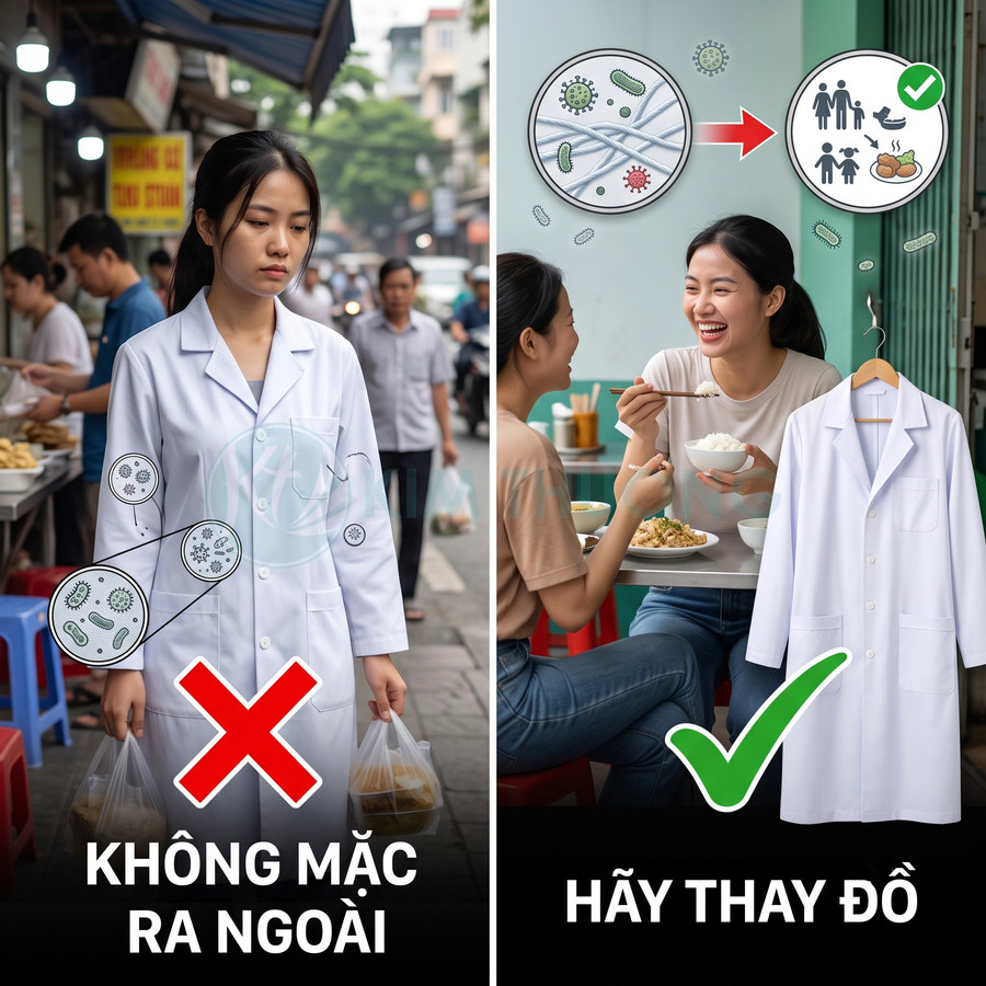 Áo blouse trắng bác sĩ bẩn khi mặc ra ngoài và áo blouse sạch được thay trước khi ăn uống