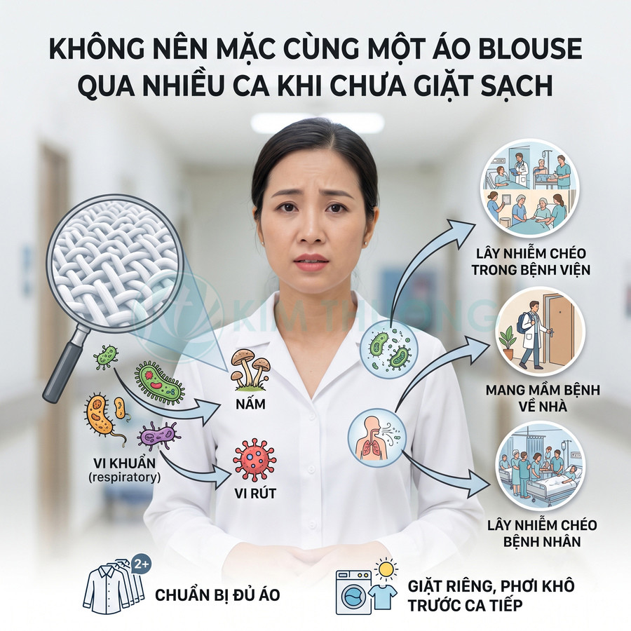 Bác sĩ mặc áo blouse trắng với minh họa vi khuẩn nấm virus và khuyến cáo giặt áo riêng để tránh lây nhiễm