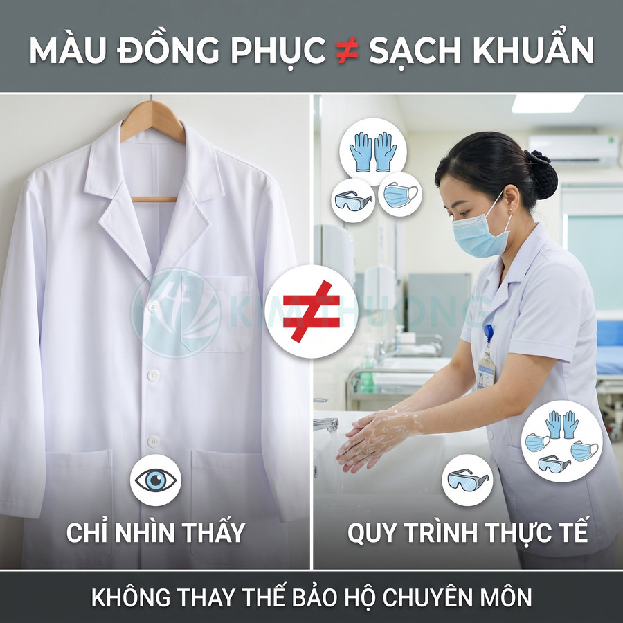 Áo blouse trắng treo trên móc và nữ nhân viên y tế rửa tay, nhấn mạnh quy trình bảo hộ sạch khuẩn