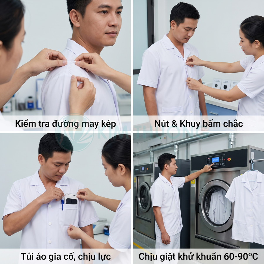 Đồng phục blouse y tế trắng nam kiểm tra đường may, túi áo, nút bấm và giặt khử khuẩn trong máy công nghiệp