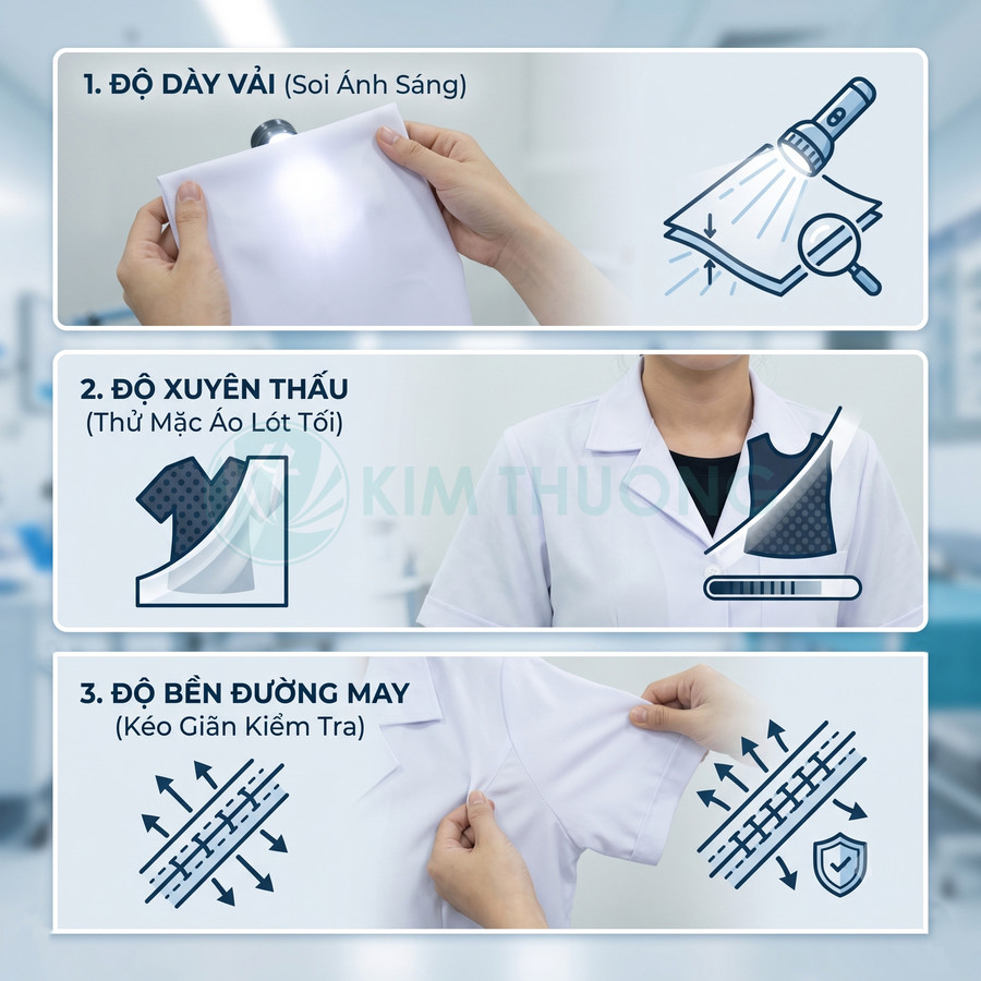 Hướng dẫn kiểm tra độ dày, độ xuyên thấu và độ bền đường may của áo blouse trắng Kim Thượng