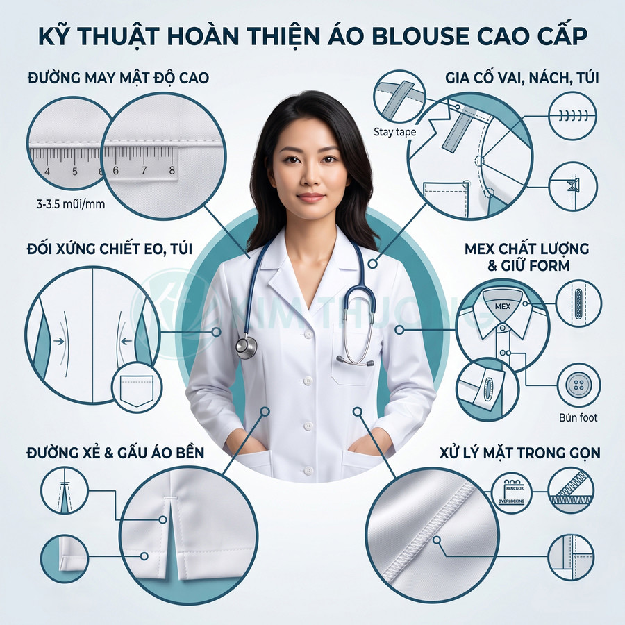 Áo blouse bác sĩ cao cấp màu trắng, đường may tinh xảo, giữ form tốt, nữ bác sĩ đeo ống nghe mặc thử