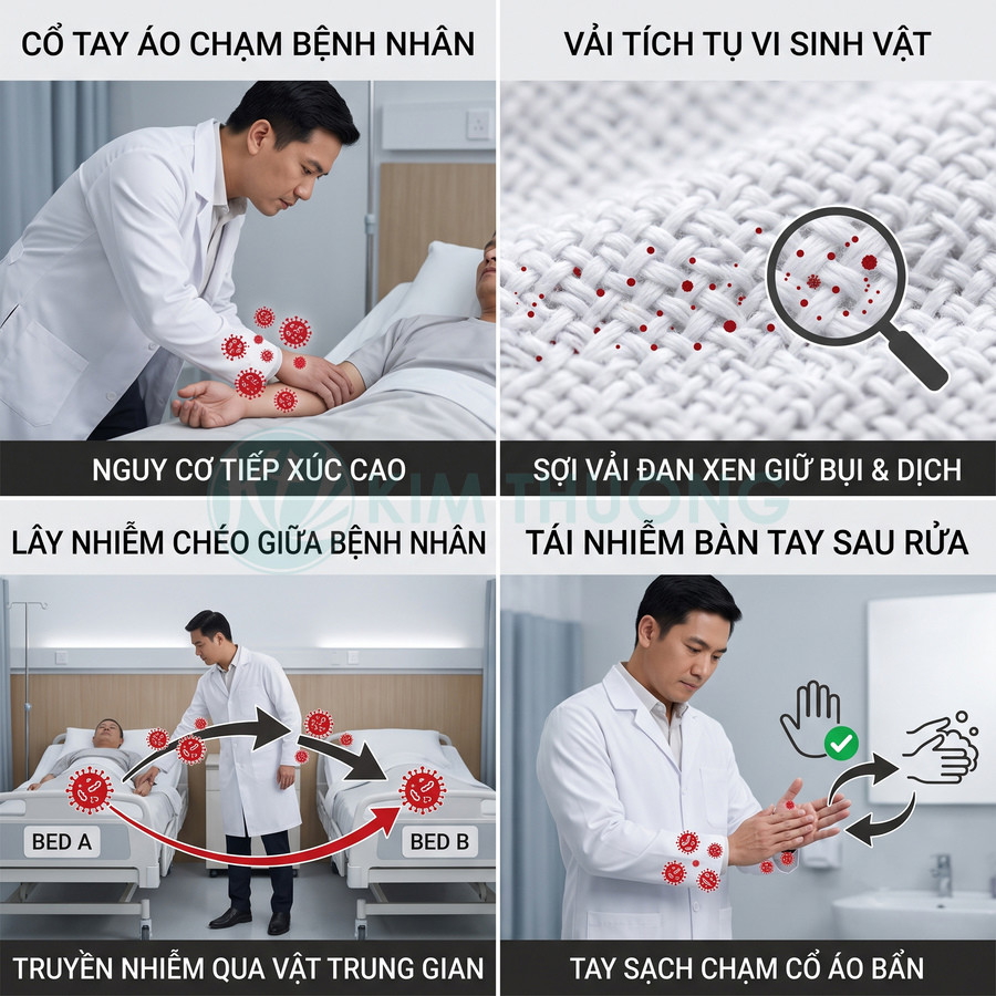 Bác sĩ mặc áo blouse trắng chăm sóc bệnh nhân, minh họa nguy cơ vi khuẩn bám trên cổ tay áo và lây nhiễm chéo