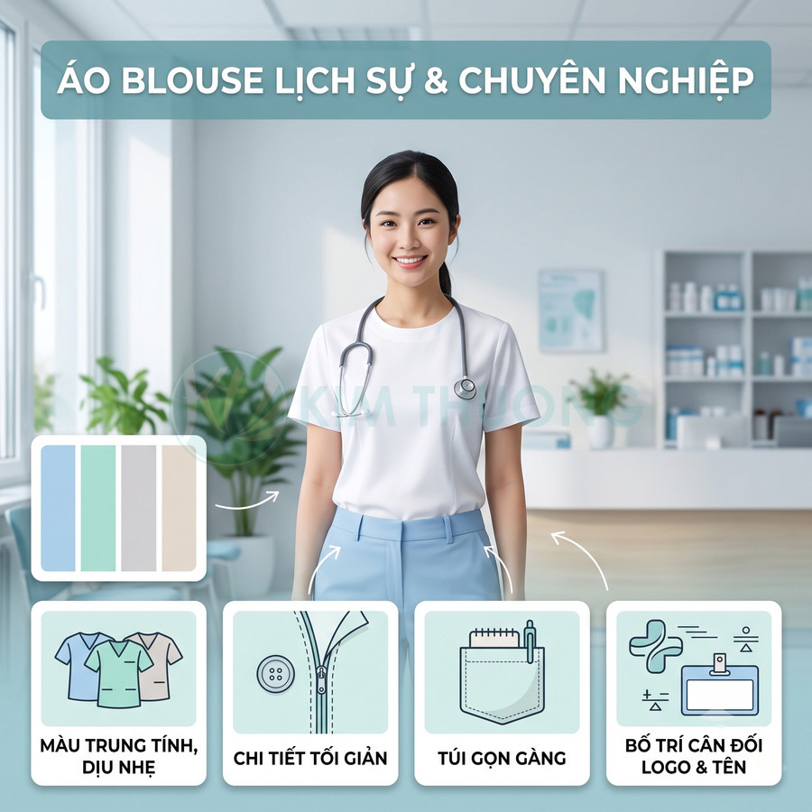 Áo blouse y tá màu trắng thiết kế tối giản, túi gọn gàng, tông màu trung tính lịch sự trong phòng khám