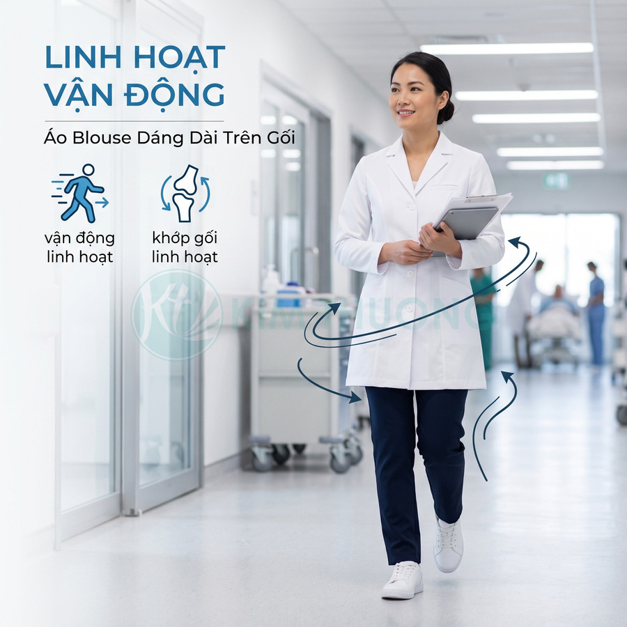 Áo blouse dáng dài trên gối cho bác sĩ nữ, thiết kế thoải mái giúp vận động linh hoạt trong bệnh viện