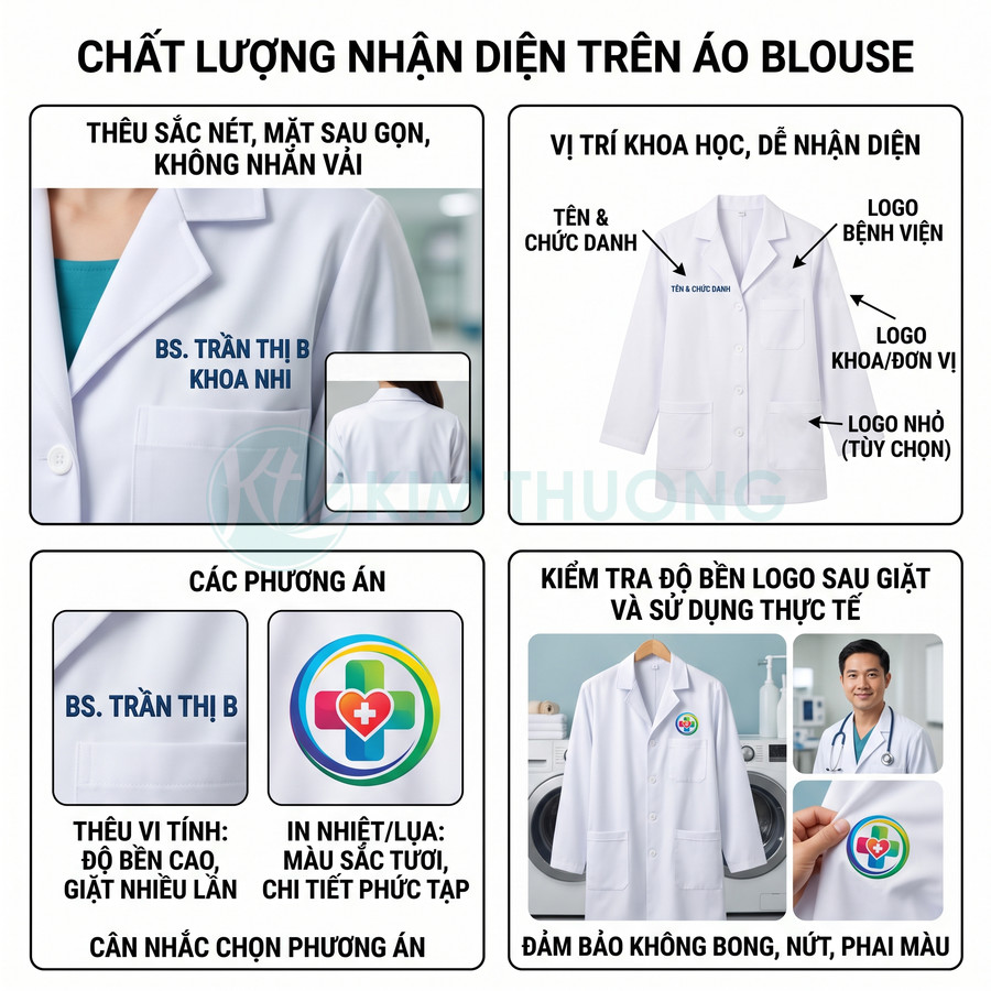 Áo blouse bác sĩ trắng có thêu tên và logo bệnh viện rõ nét, bền màu sau khi giặt