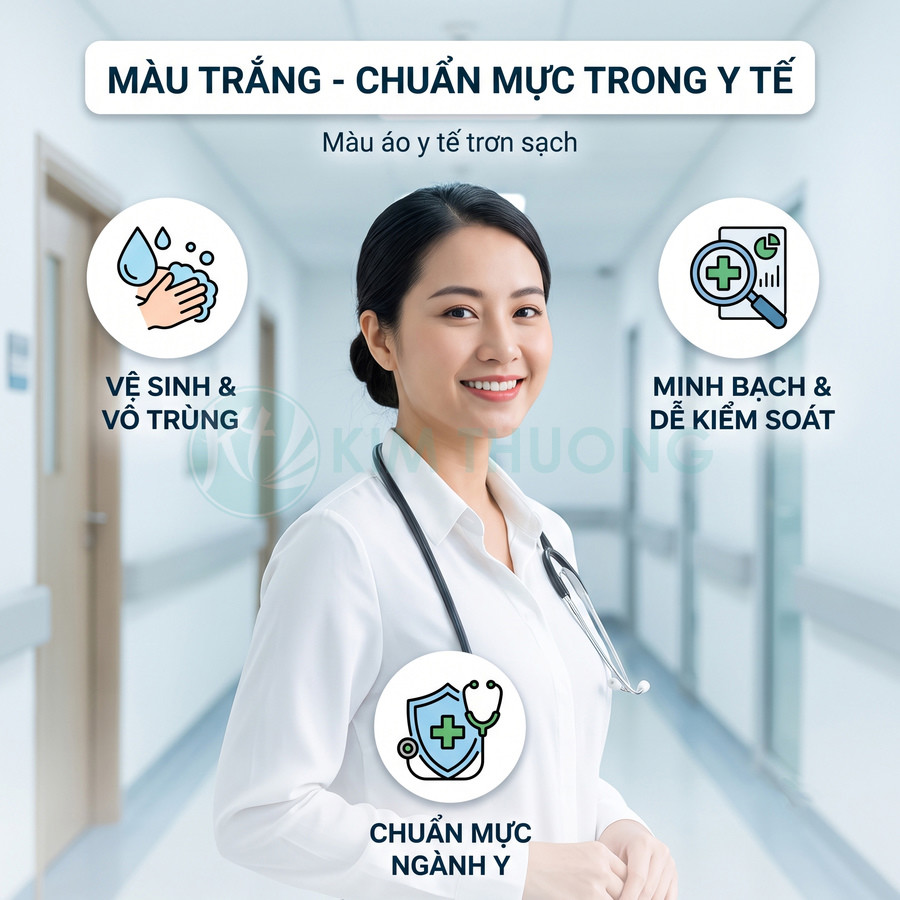 Bác sĩ mặc áo blouse trắng sạch sẽ trong hành lang bệnh viện, nhấn mạnh chuẩn mực vệ sinh và vô trùng ngành y