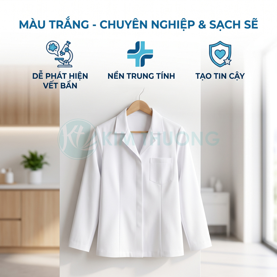 Áo blouse trắng tay dài treo trên móc trong phòng khám hiện đại, thiết kế đơn giản chuyên nghiệp