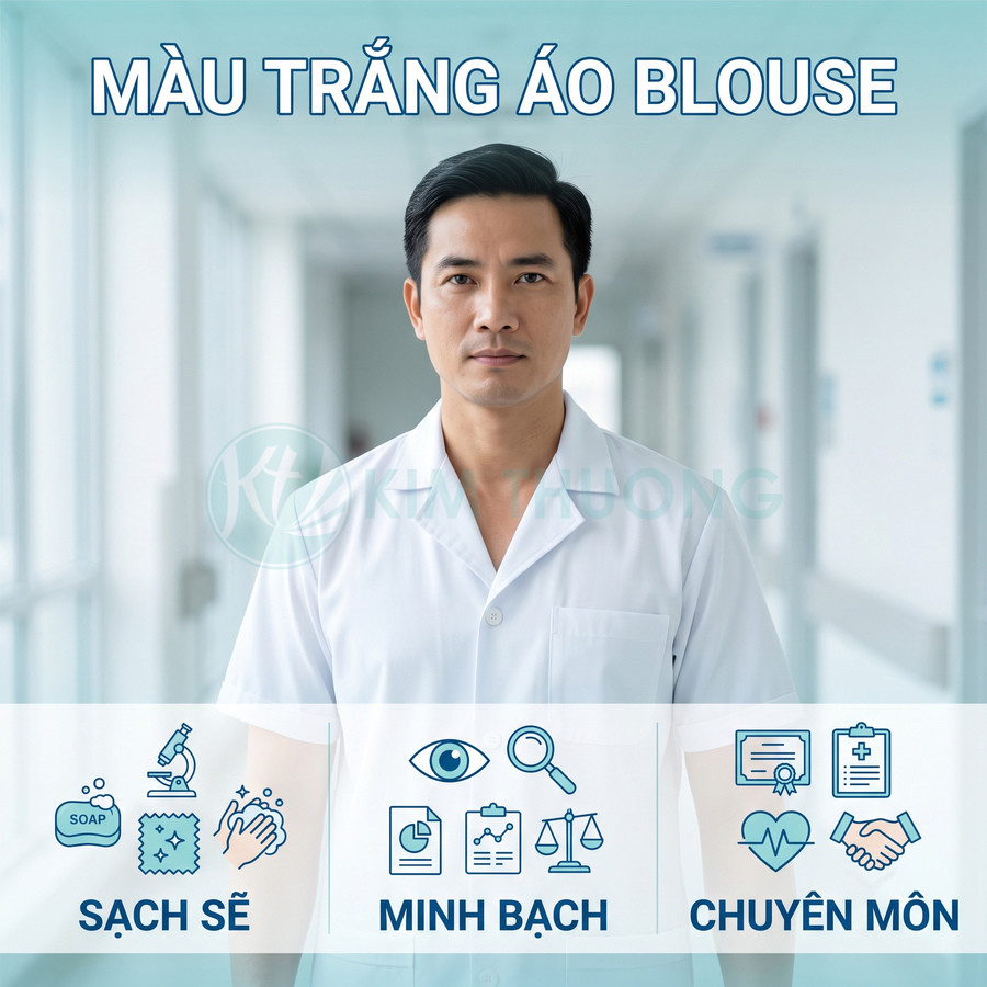 Bác sĩ nam mặc áo blouse trắng đứng trong hành lang bệnh viện với thông điệp sạch sẽ minh bạch chuyên môn