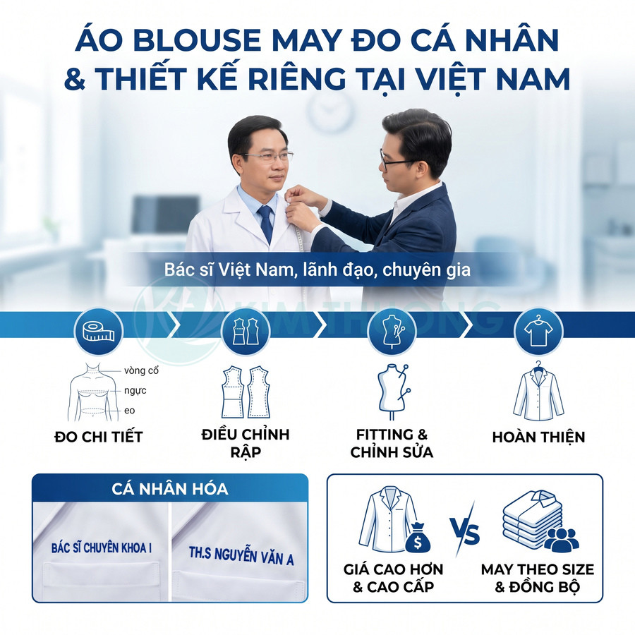 Áo blouse bác sĩ may đo cá nhân tại Việt Nam với quy trình lấy số đo, chỉnh rập, fitting và hoàn thiện theo yêu cầu.