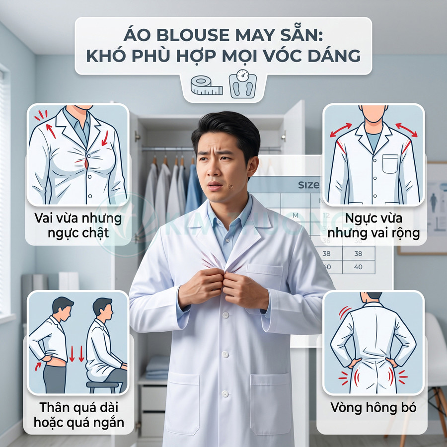 Bác sĩ nam mặc áo blouse trắng may sẵn bị chật vai ngực và dài thân, minh họa áo không vừa vặn vóc dáng
