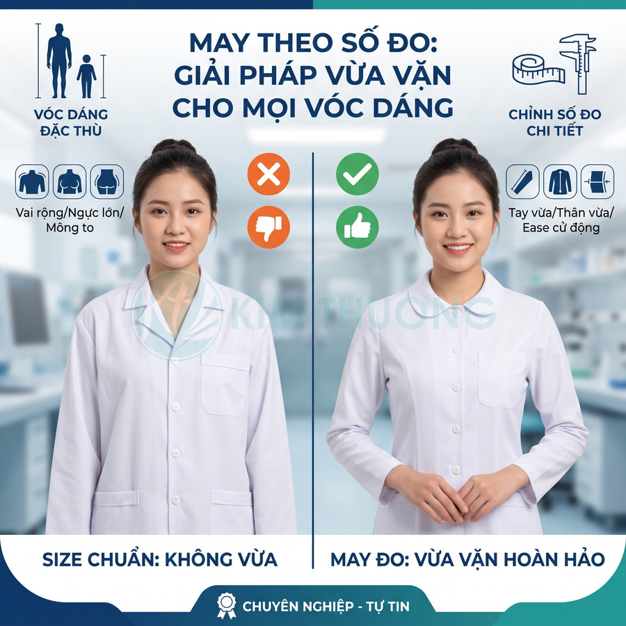Áo blouse y tế may đo vừa vặn cho mọi vóc dáng so sánh với áo size chuẩn không vừa