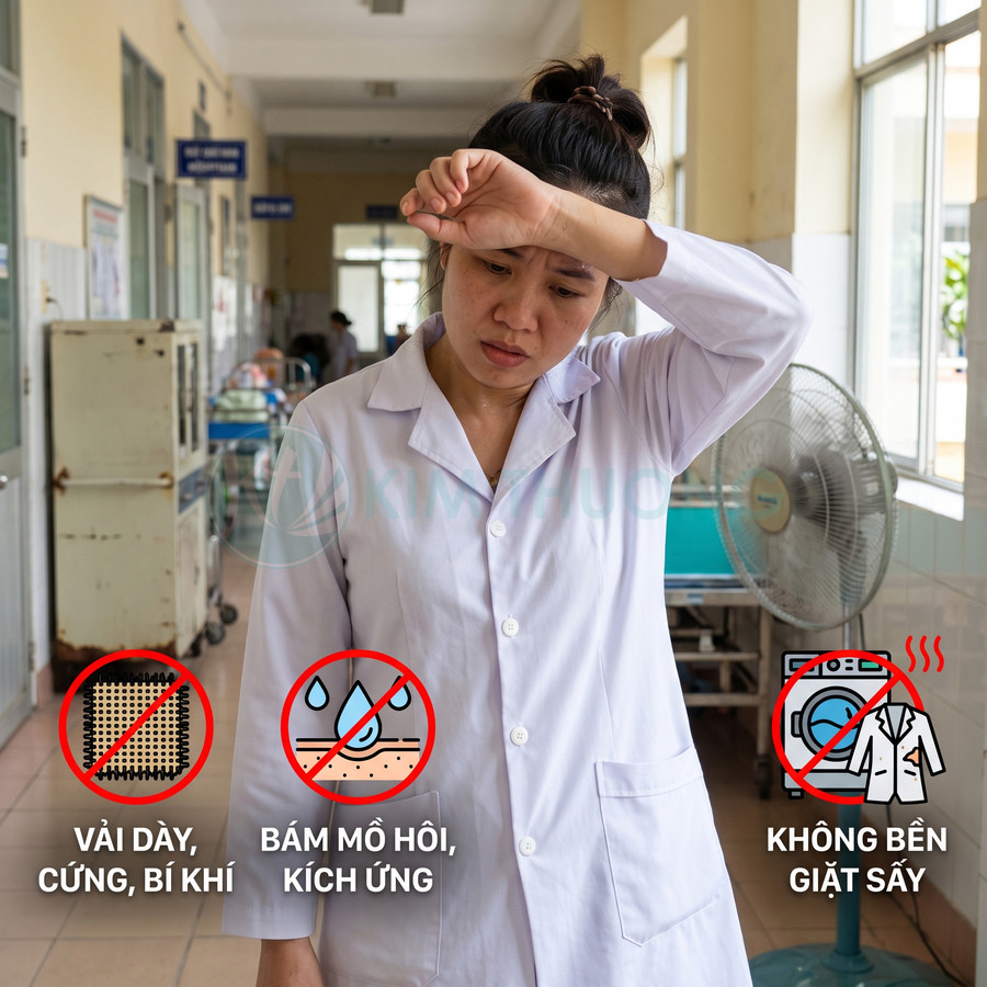 Áo blouse y tế vải dày bí khí gây bám mồ hôi kích ứng da và nhanh hỏng khi giặt sấy