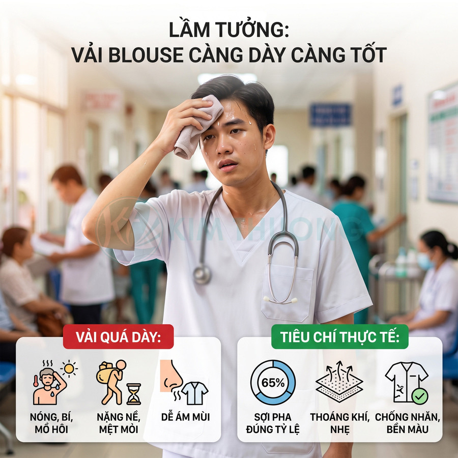 Bác sĩ mặc áo blouse trắng dày, mồ hôi nhiều trong bệnh viện, minh họa bất tiện của vải áo quá dày