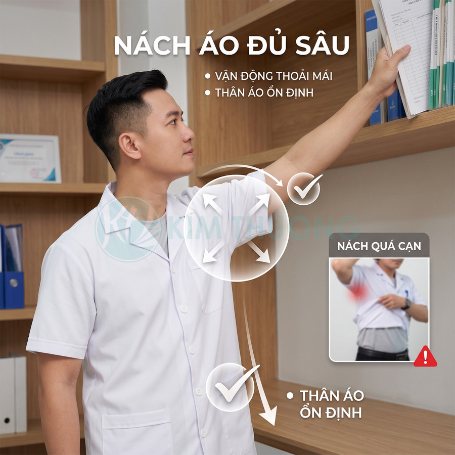 Nam nhân viên y tế mặc áo blouse trắng tay ngắn giơ tay lấy tài liệu, minh họa thiết kế nách áo rộng thoải mái