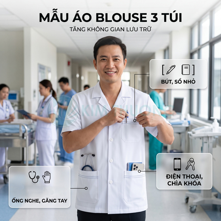 Bác sĩ mặc áo blouse trắng 3 túi đựng bút, ống nghe, điện thoại và chìa khóa trong bệnh viện