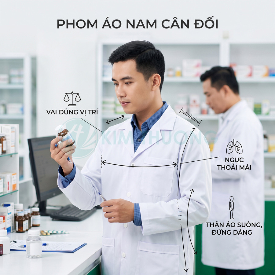 Áo blouse nam trắng phom cân đối cho dược sĩ, vai đúng vị trí, ngực thoải mái, thân áo suông đứng dáng