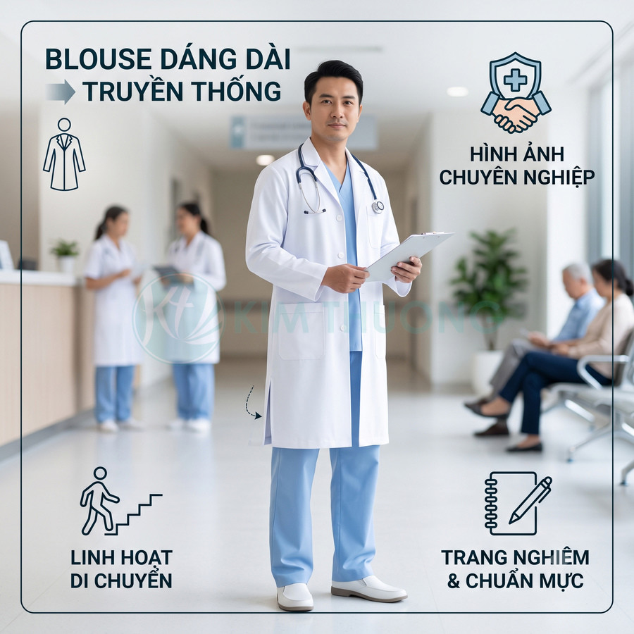 Bác sĩ nam mặc áo blouse dáng dài truyền thống màu trắng trong bệnh viện hiện đại, tạo hình ảnh chuyên nghiệp