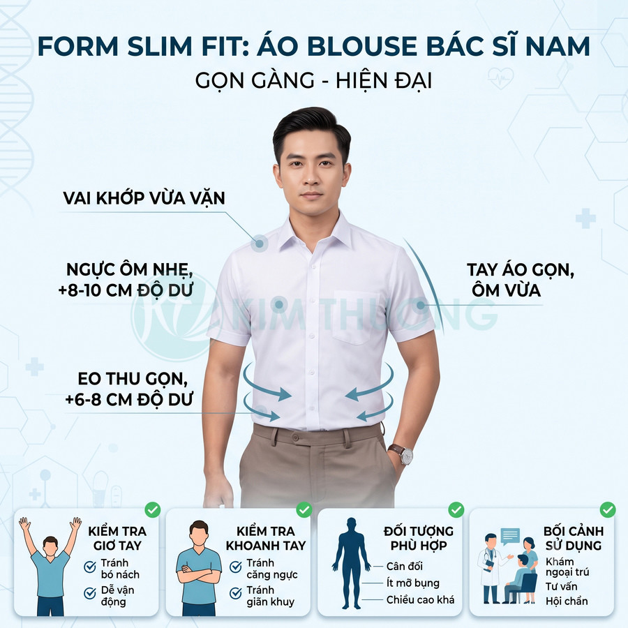 Áo blouse bác sĩ nam form slim fit màu trắng, dáng ôm gọn gàng hiện đại, phù hợp bác sĩ và nhân viên y tế