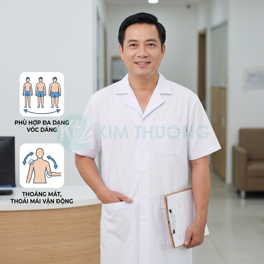 Áo blouse bác sĩ tay ngắn màu trắng Kim Thương, chất liệu thoáng mát, phù hợp nhiều vóc dáng