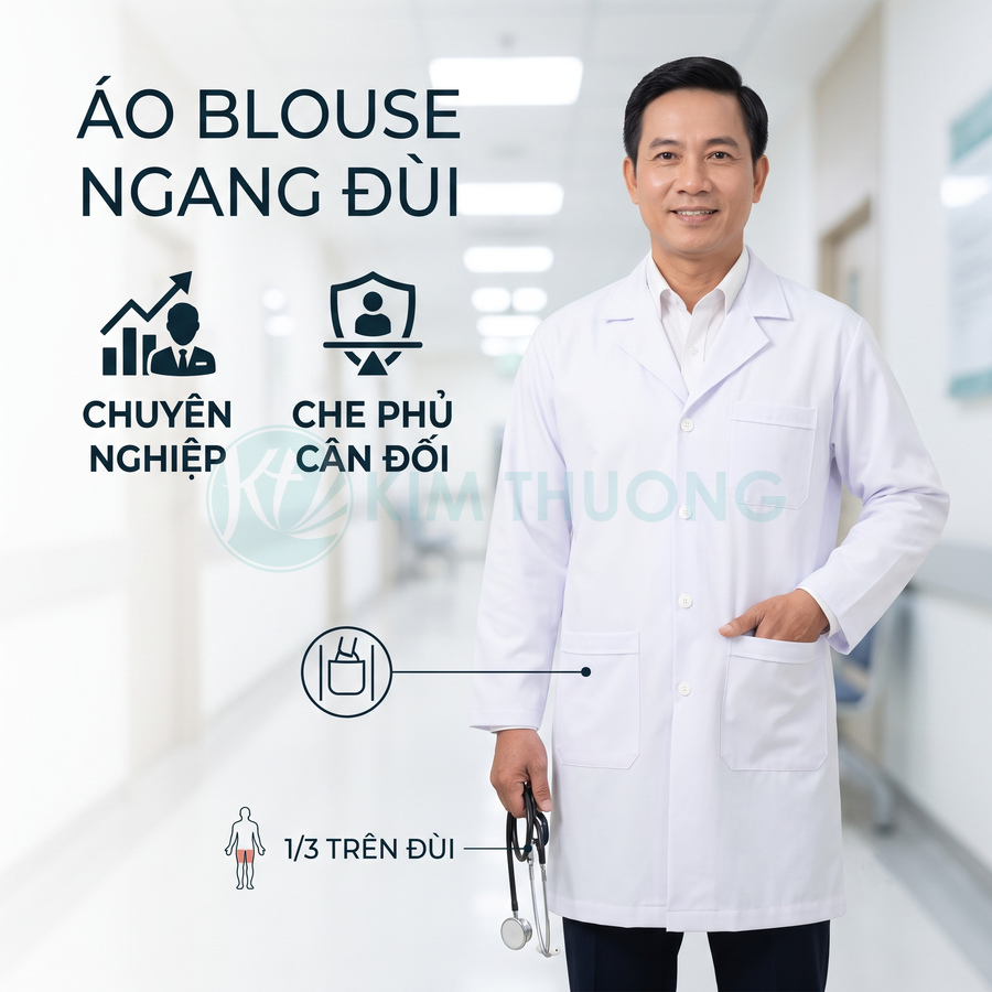 Áo blouse bác sĩ trắng ngang đùi tay dài, túi lớn phía trước, phong cách chuyên nghiệp trong bệnh viện