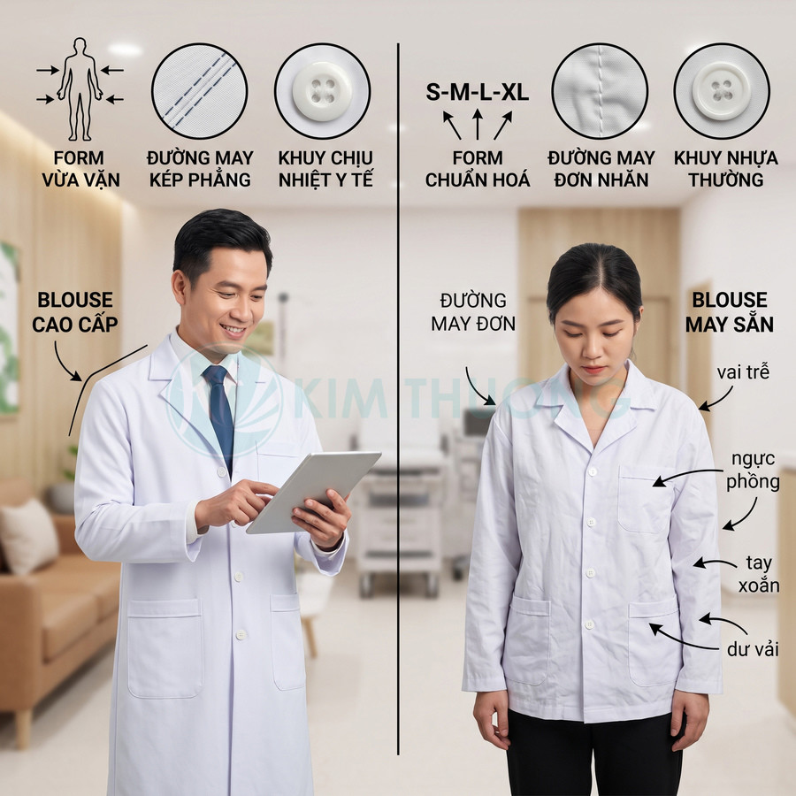 Áo blouse bác sĩ cao cấp form chuẩn so sánh với áo blouse may sẵn trong phòng khám