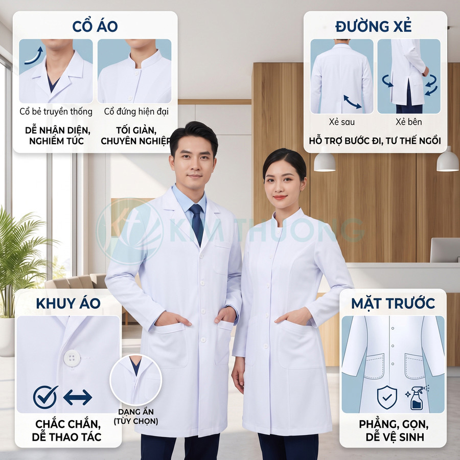 Áo blouse bác sĩ trắng cổ truyền thống và cổ đứng hiện đại, dáng dài, nhiều túi tiện dụng trong phòng khám