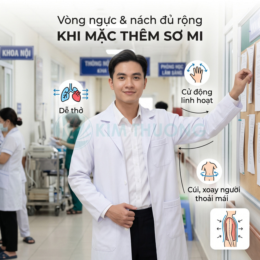 Áo blouse bác sĩ nam Kim Thương rộng rãi, dễ thở, cử động linh hoạt khi mặc kèm sơ mi trong bệnh viện